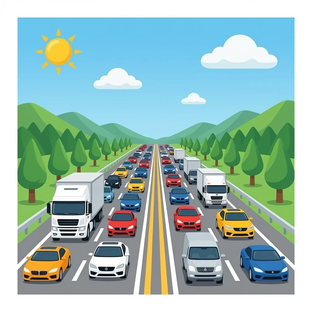 Highway full of cars trucks and vans luxury cars and delivery robots emoji