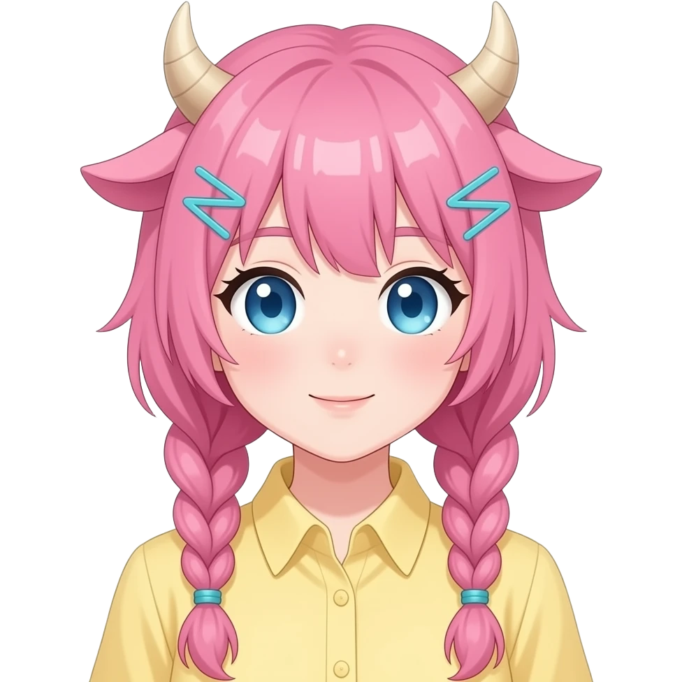 Cute pretty anime lady with horns, pink braided hair with cyan hair ties, pink cow ears, pastel yellow shirt, light blue eyes emoji