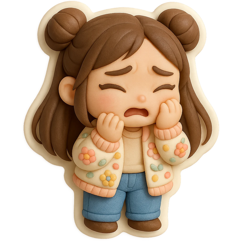 3D chibi fondant cake art style, high-quality rendering with smooth shadows and soft gradients. Girl based on reference image preserving facial features, long brown hair in two space buns, brown eyes, jeans, pastel floral cardigan, thick white outline like a sticker, transparent background. Closing eyes in fear. emoji