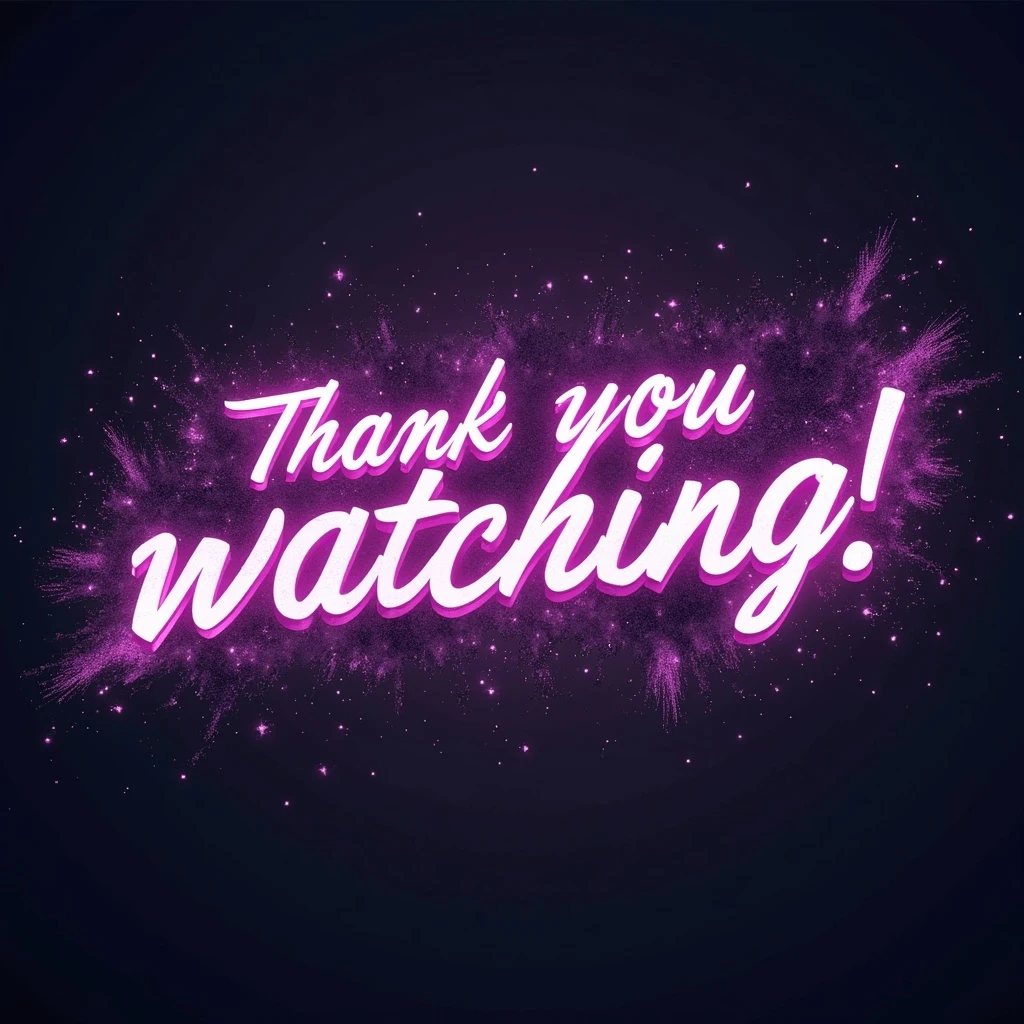 "thank you for watching!" cyberpunk style text splash overlay lavender emoji