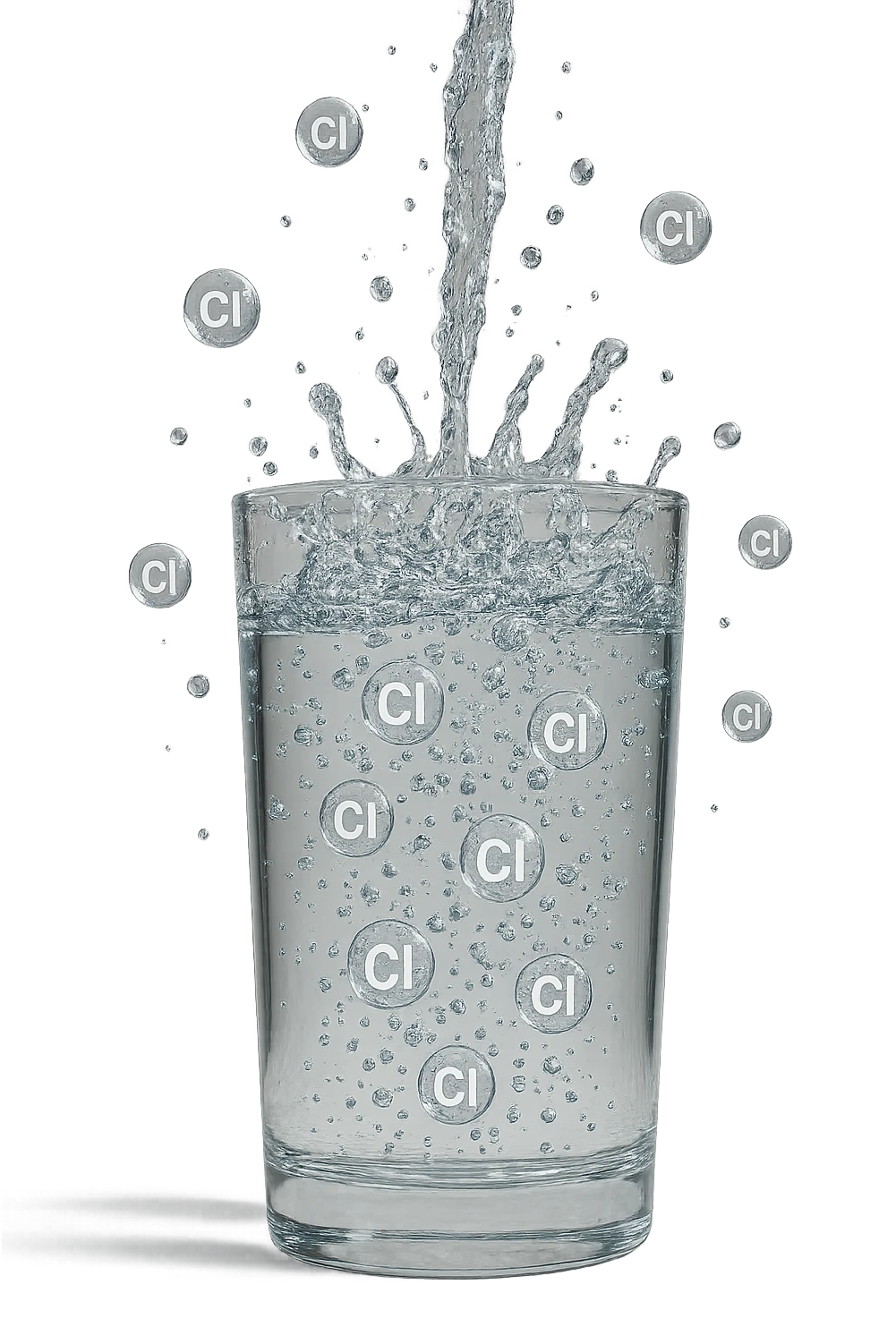 un bicchiere di acqua cade verticalmente dall'alto realistico e dettagliato, dentro l'acqua del bicchiere ci sono particelle di cloro ben visibili con la scritta "Cl" sopra, ci sono particelle anche che escono dal bicchiere e fluttuano in aria verticalmente, mentre alcune sono all'interno dell'acqua nel bicchiere, iperrealistico 4k emoji