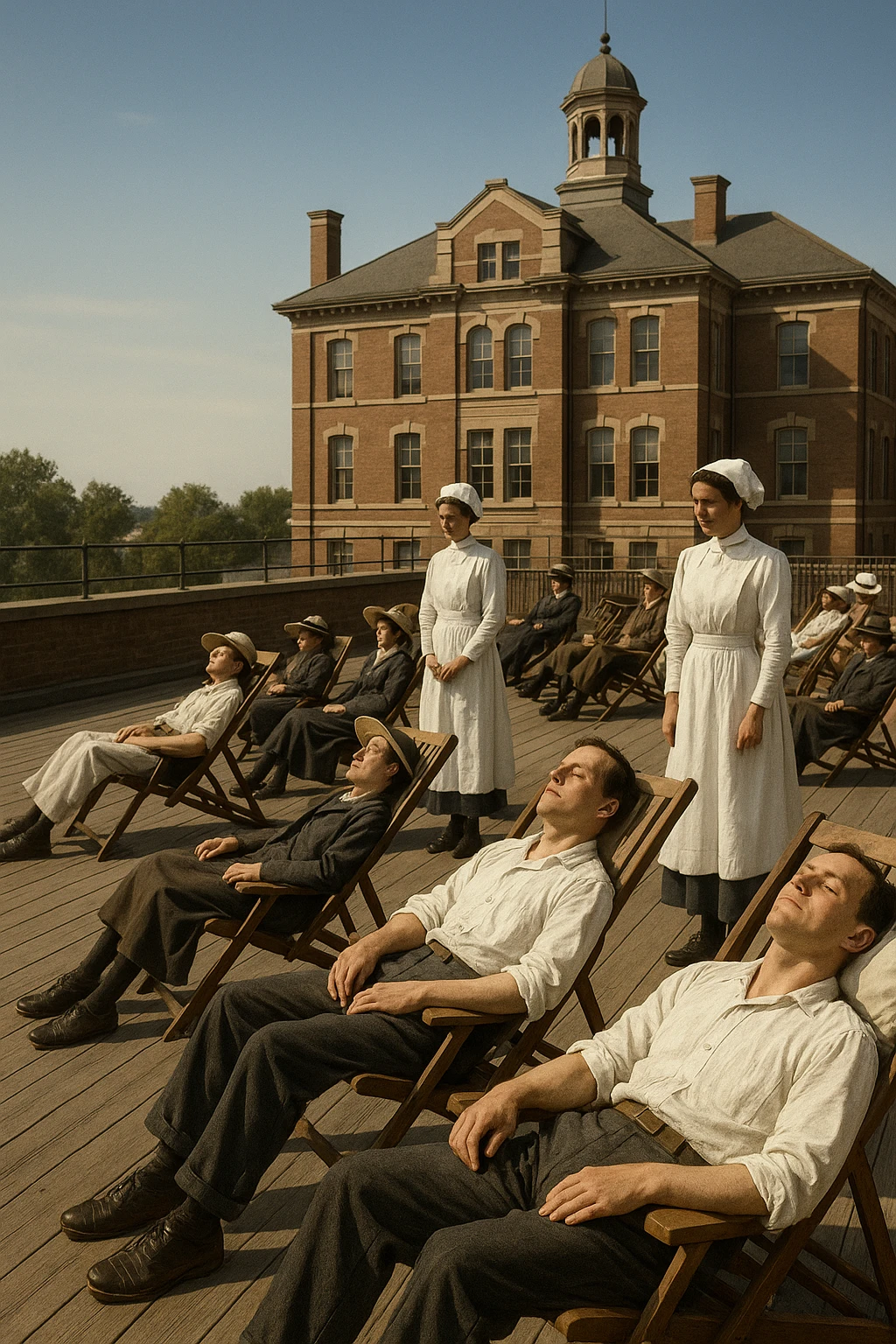 A realistic cinematic image of a hospital rooftop solarium from the 1900s, patients sunbathing under nurse supervision for heliotherapy against tuberculosis and rickets.” emoji
