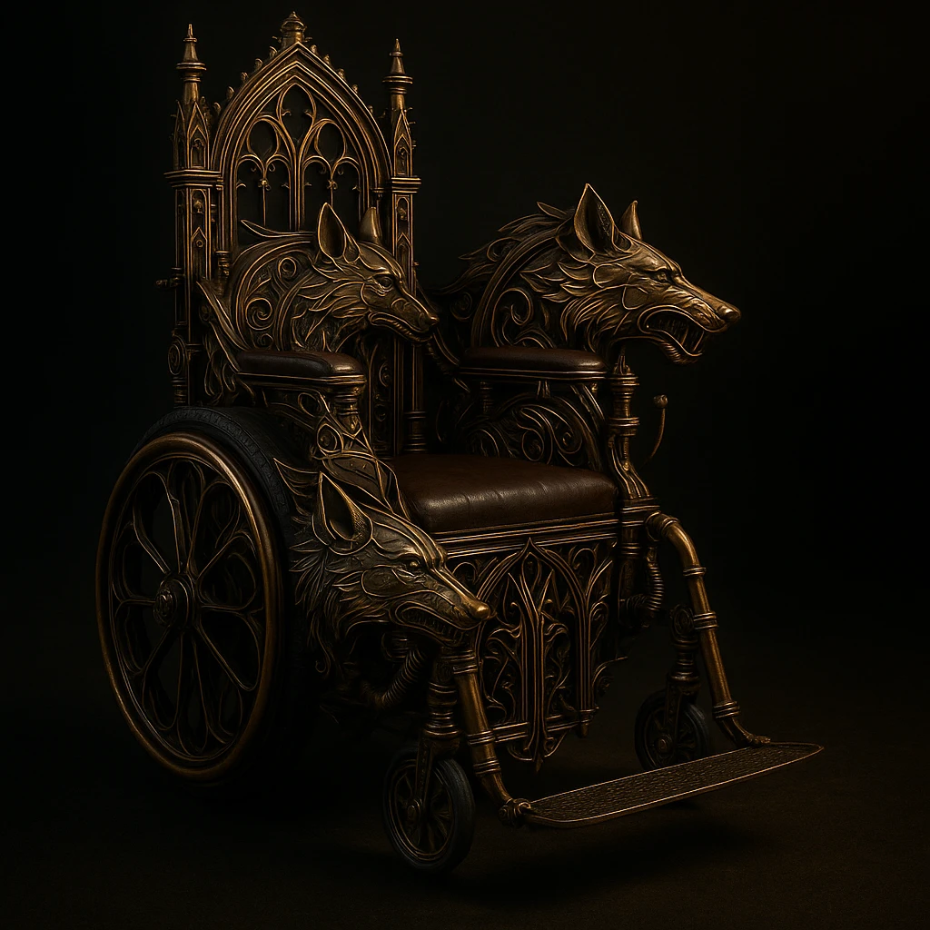 Add a gothic steampunk wolf detail to the wheelchair, keeping brass and iron materials, gothic arches, mechanical embellishments, and a moody atmosphere. The design should reflect a gothic steampunk style with a focus on metalwork and architectural gothic elements. emoji