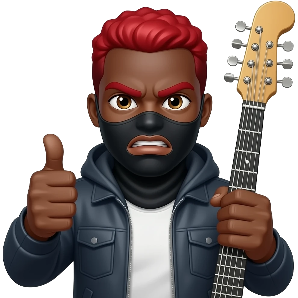 give me a black-skinned guy emoji who's showing with his thumb that everything fine, also on the other hand he holds a jumbo instrument he should have red hair, his eyes should be small and wide his mouth should be mad and his eyes should be really small. on his head he should have the balaclava emoji