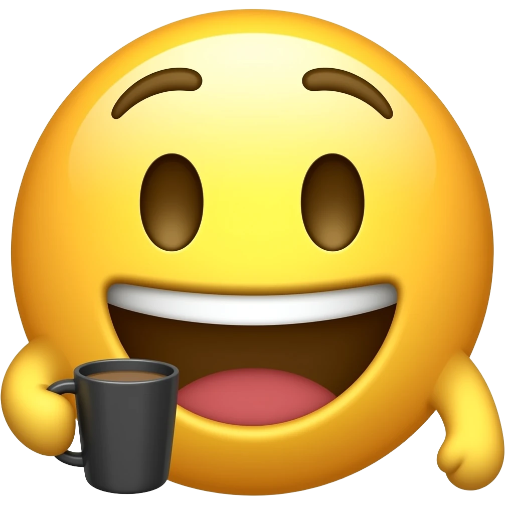 Emojis.com padrão emoji amarelo feliz com tomando xícara de cafépreto com aparelho apagado com os dentes a mostra bem 👅 do amarelo emoji