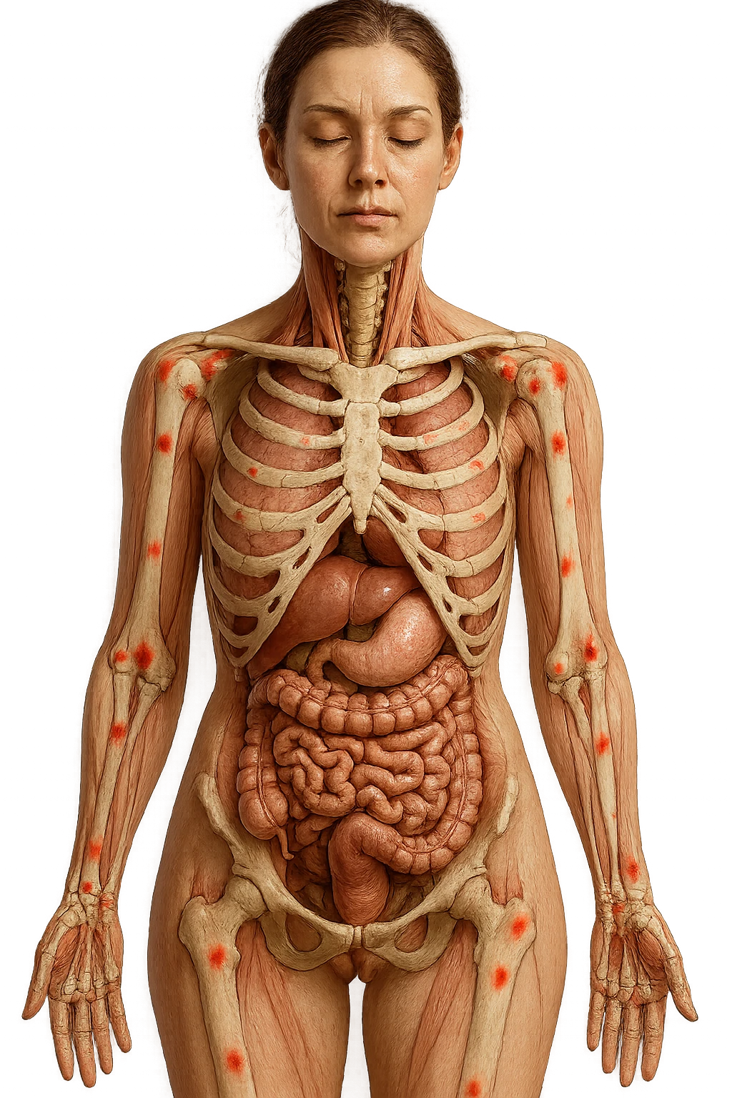corpo umano anatomico di una donna affetta da fibromialgia, intestino anatomico realistico e red spot sparsi sulle sue ossa, iperrealistica 4k emoji