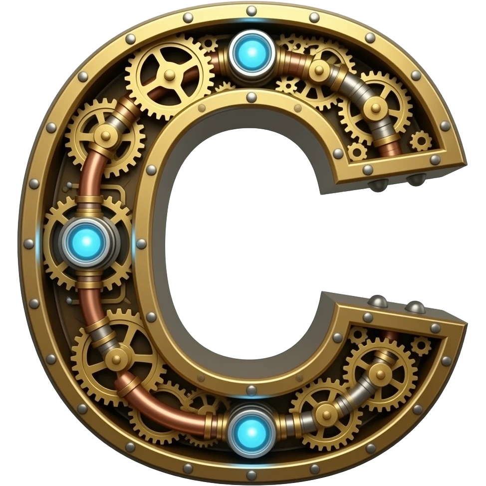 A complex Steampunk Letter 'C' constructed from interlocking brass gears, copper pipes, and tiny hissing steam vents. Small glowing blue Edison bulbs attached to the frame, mechanical clockwork style, highly detailed textures emoji