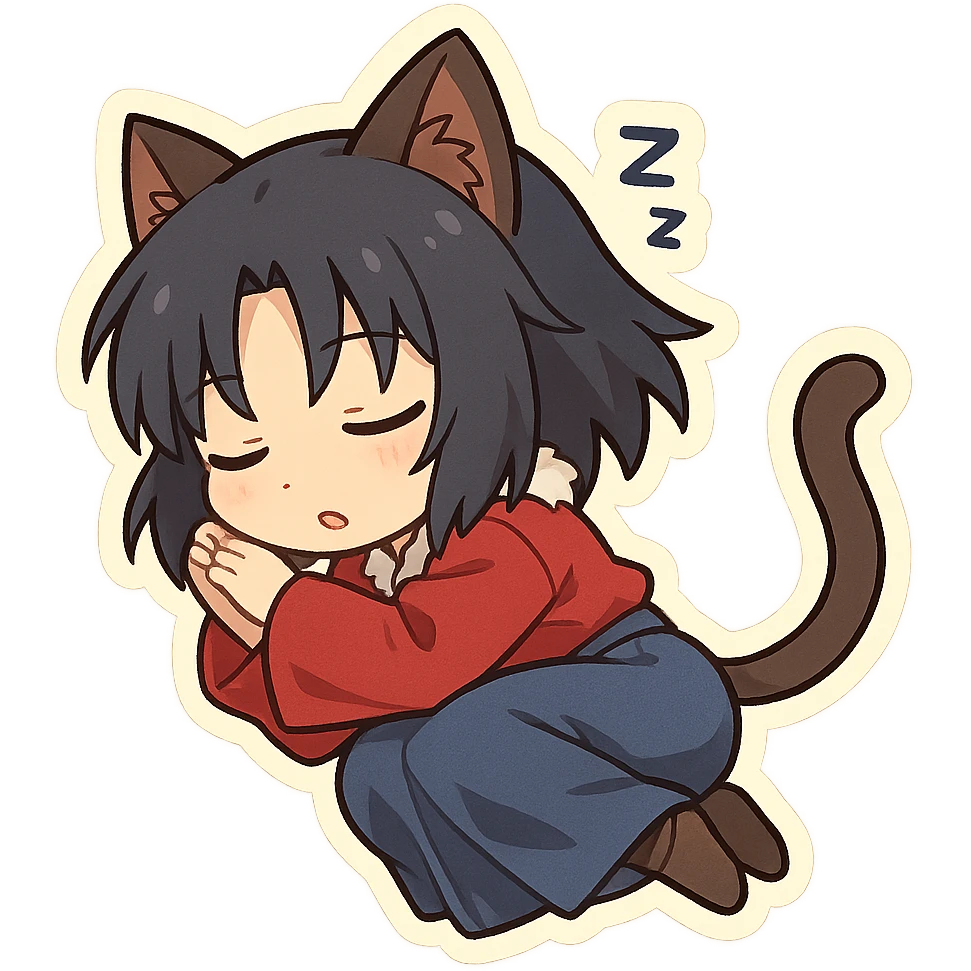 Chibi Ryougi Shiki with cat ears and cat tail, sleeping peacefully, signature outfit emoji