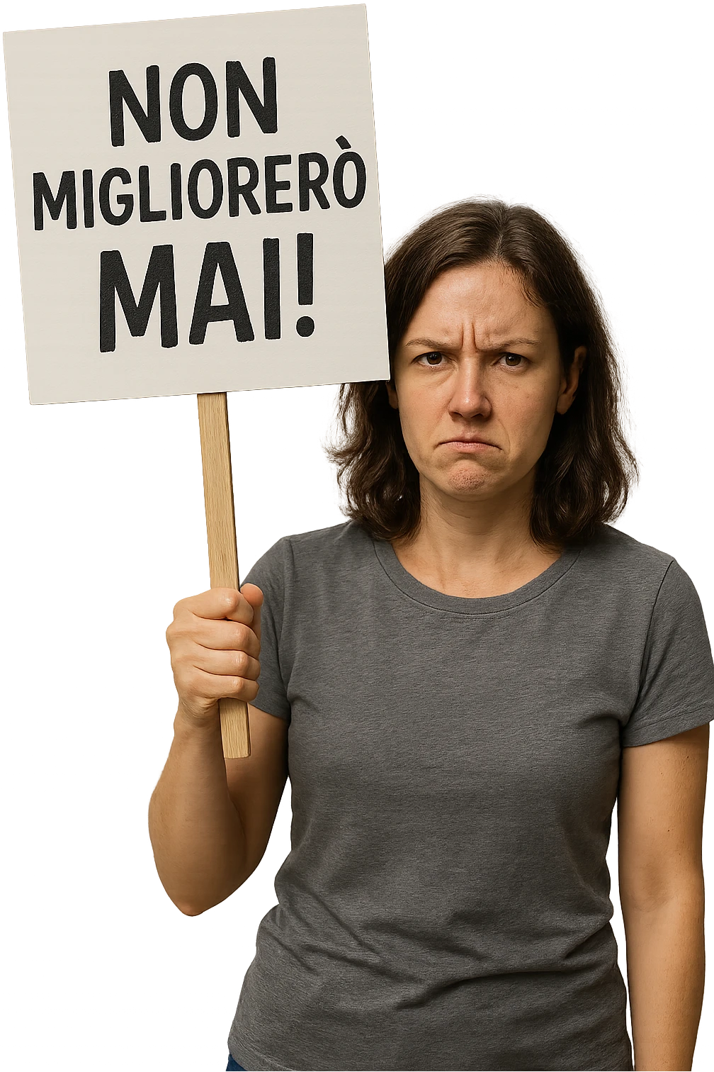 DONNA CHE TIENE UN CARTELLO IN MANO CON LA SCRITTA "NON MIGLIORERò MAI!", iperrealistico 4k emoji