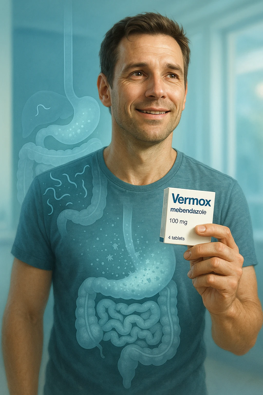 A realistic, cinematic illustration of a man in his late 30s holding a small white box of ‘Vermox’ (mebendazole) in one hand, with a relieved and hopeful expression on his face. Behind him, a semi-transparent overlay shows his digestive tract where small, symbolic worm-like parasites are dissolving and disappearing, indicating the medication’s effect. The environment is clean and bright, with a medical yet hopeful tone, conveying the concept of effective parasite removal. Subtle blue and green tones symbolize cleansing and health restoration, while the man appears energized and ready to reclaim his well-being emoji