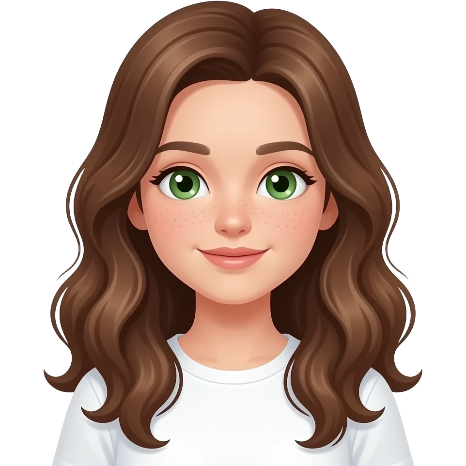 CUTE GIRL PREPPY WITH not volominous WITH WAVEY LONG BROWN HAIR, FRECKLES AND GREEN EYES IN CUTE WHITE TOP emoji