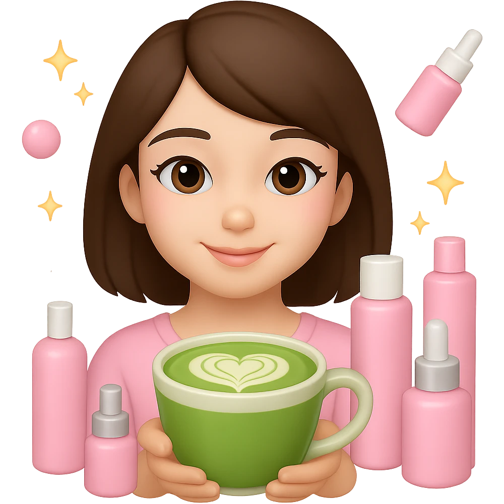 Create an Apple emoji style square profile picture of a girl with short dark brown hair and brown eyes, pink soft girl aesthetic, holding a matcha latte, surrounded by pink skincare and makeup bottles, sparkles, gentle and cute vibe. The style should mimic Apple emojis with a soft and polished look. emoji
