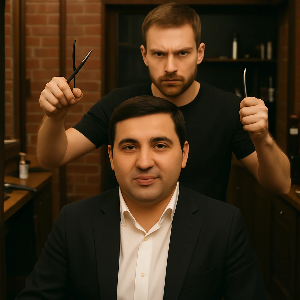 endi esa birinchi rasmdagi odamni yuzini sartaroshni yuziga qilib ber emoji