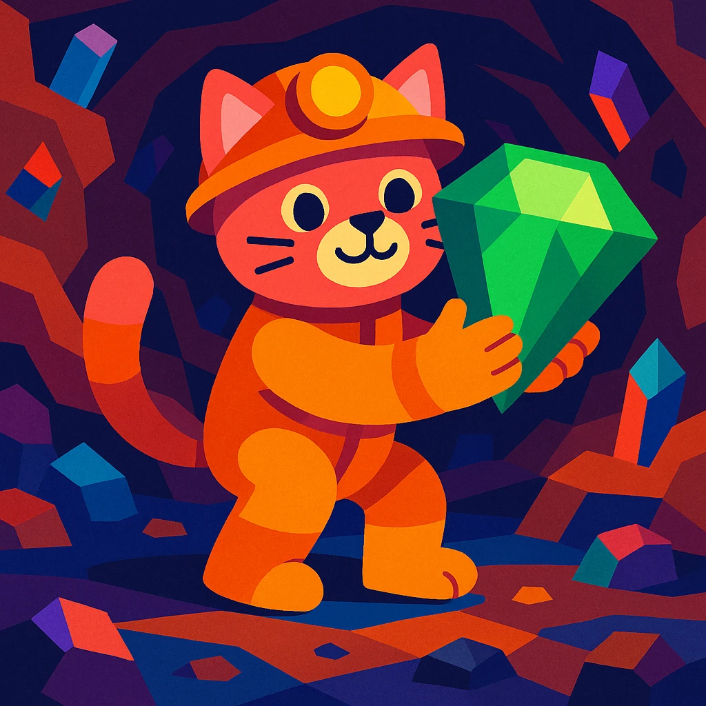 A miner in a cat suit holding a giant emerald deep underground, whimsical and colorful. emoji