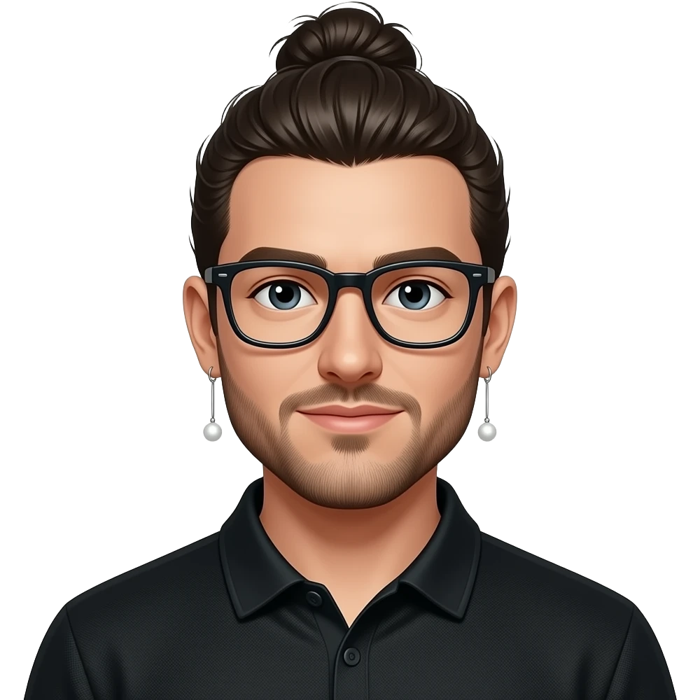 Men with a Messy bun and glasses, long earing with white pearl and black polo emoji