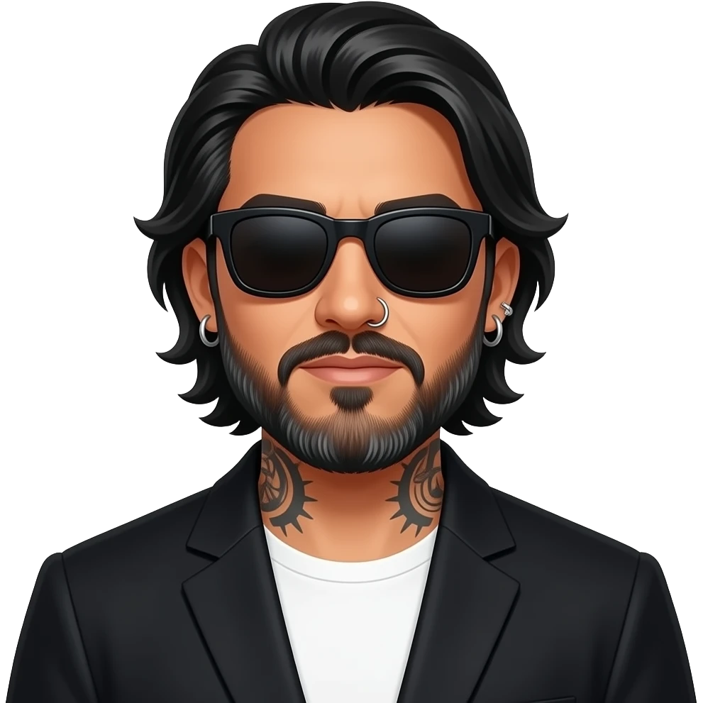 A podcasting handsome Latino man with medium length hair and pretty long beard with some grays and tattoos with a right nose hoop and a left earring hoop wearing all black with a white undershirt and black sunglasses emoji