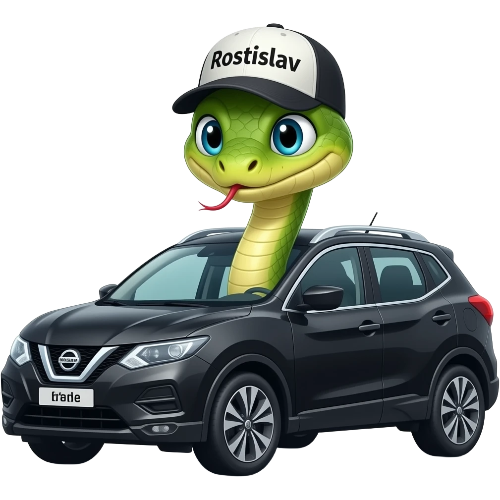 A snake in a cap with the inscription "Rostislav" is driving a black Nissan Qashqai. emoji