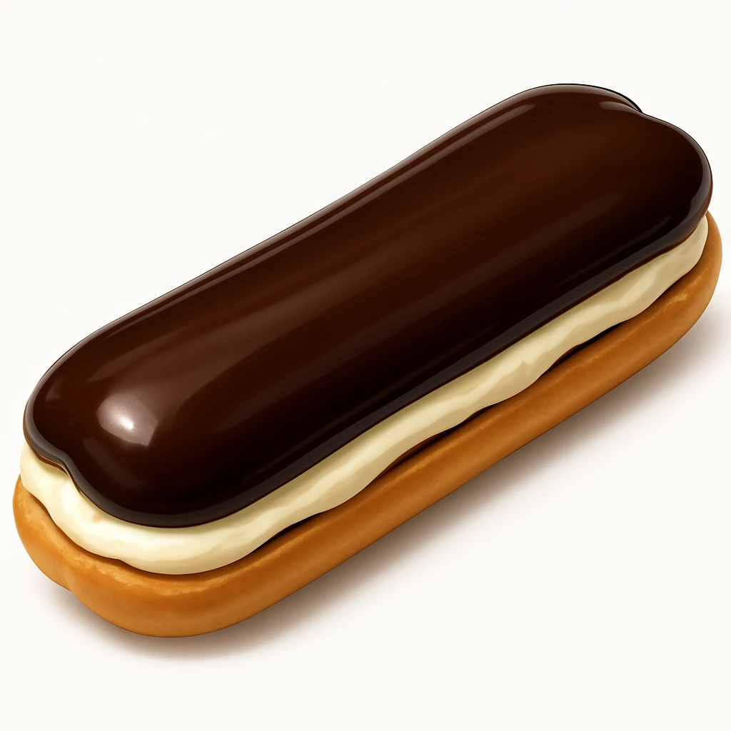 Add a glossy chocolate glaze on top of the dairy-filled eclair with cream showing, keeping the style and background the same as the original image. emoji