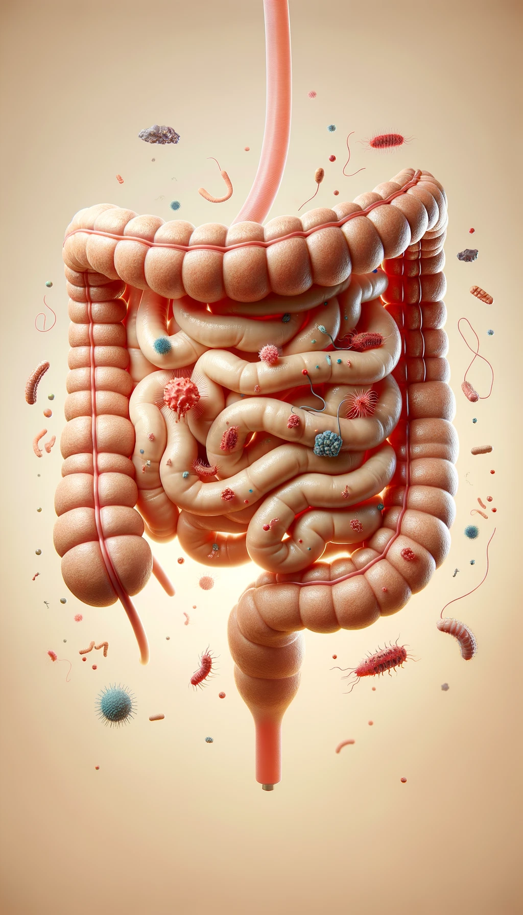 intestino umano anatomico con batteri e parassiti che gli fluttuano dietro, sfondo beige molto chiaro, iperrealistico 4k emoji