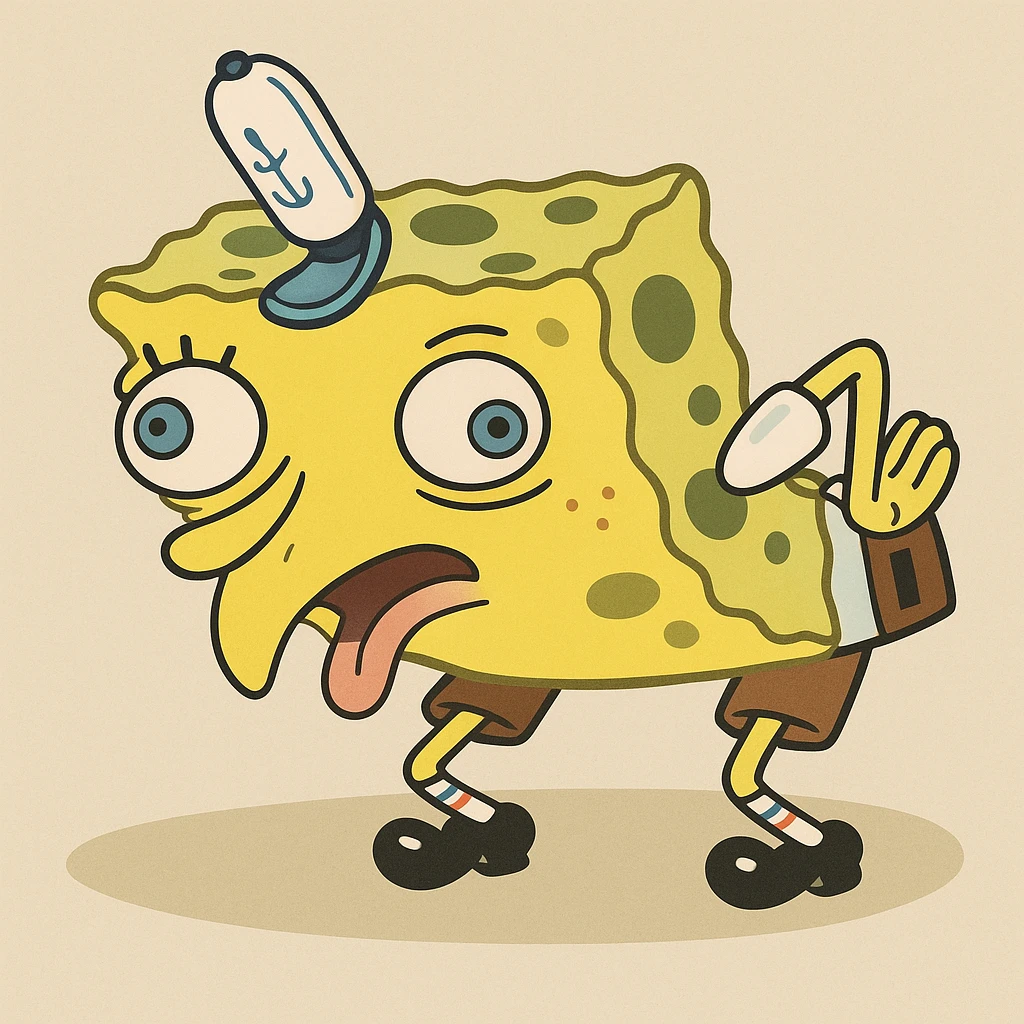 Mocking SpongeBob meme, yellow sponge character bent over, silly face, cartoon style emoji