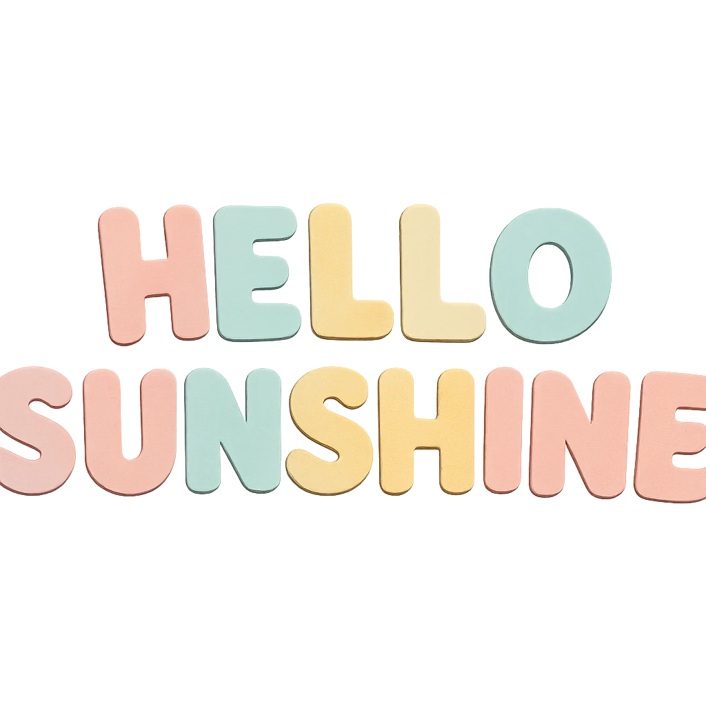 Remove the sun illustration and show only the words 'Hello Sunshine' in soft pastel rainbow bold soft letters, kawaii sticker art style, transparent PNG with no outline, in paper craft style. emoji