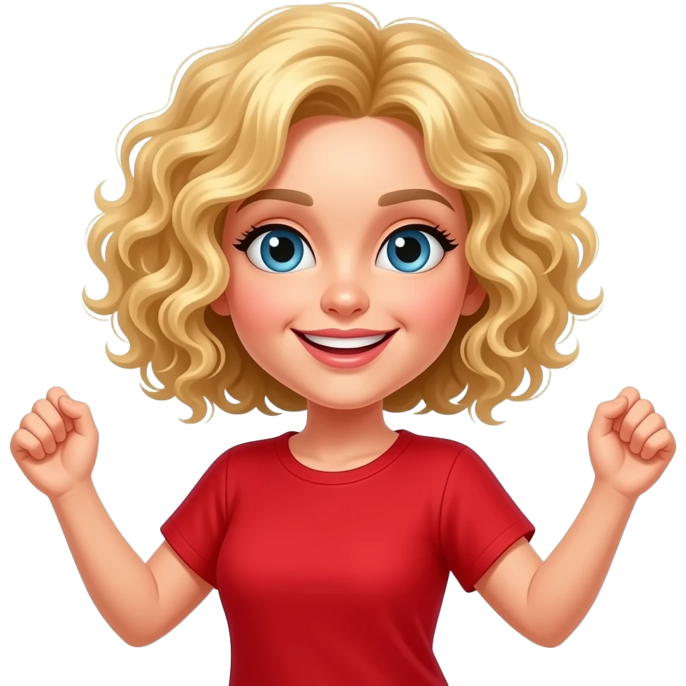 blonde curly bob dancing in red shirt emoji