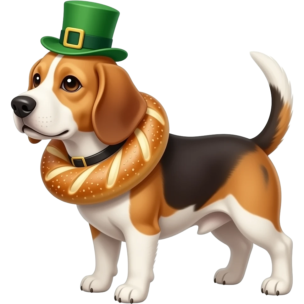 Beagle dressed for St Patrick’s day with bagel around its neck emoji