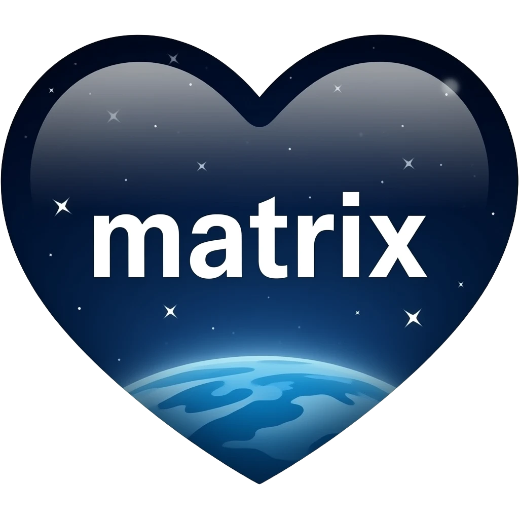Heart shaped emoji. Night sky themed with dark colours and stars and space other space related things, realistic vibe. The word “matrix” in the middle emoji