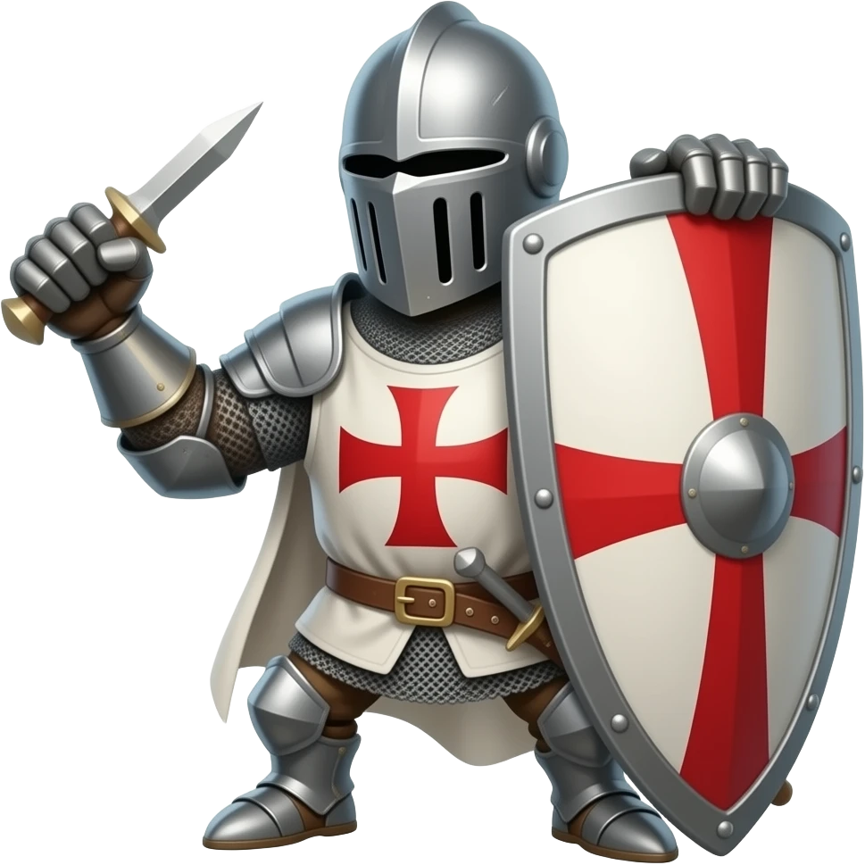 Un caballero templario con escudo blanco y rojodefendiendo un castillo emoji