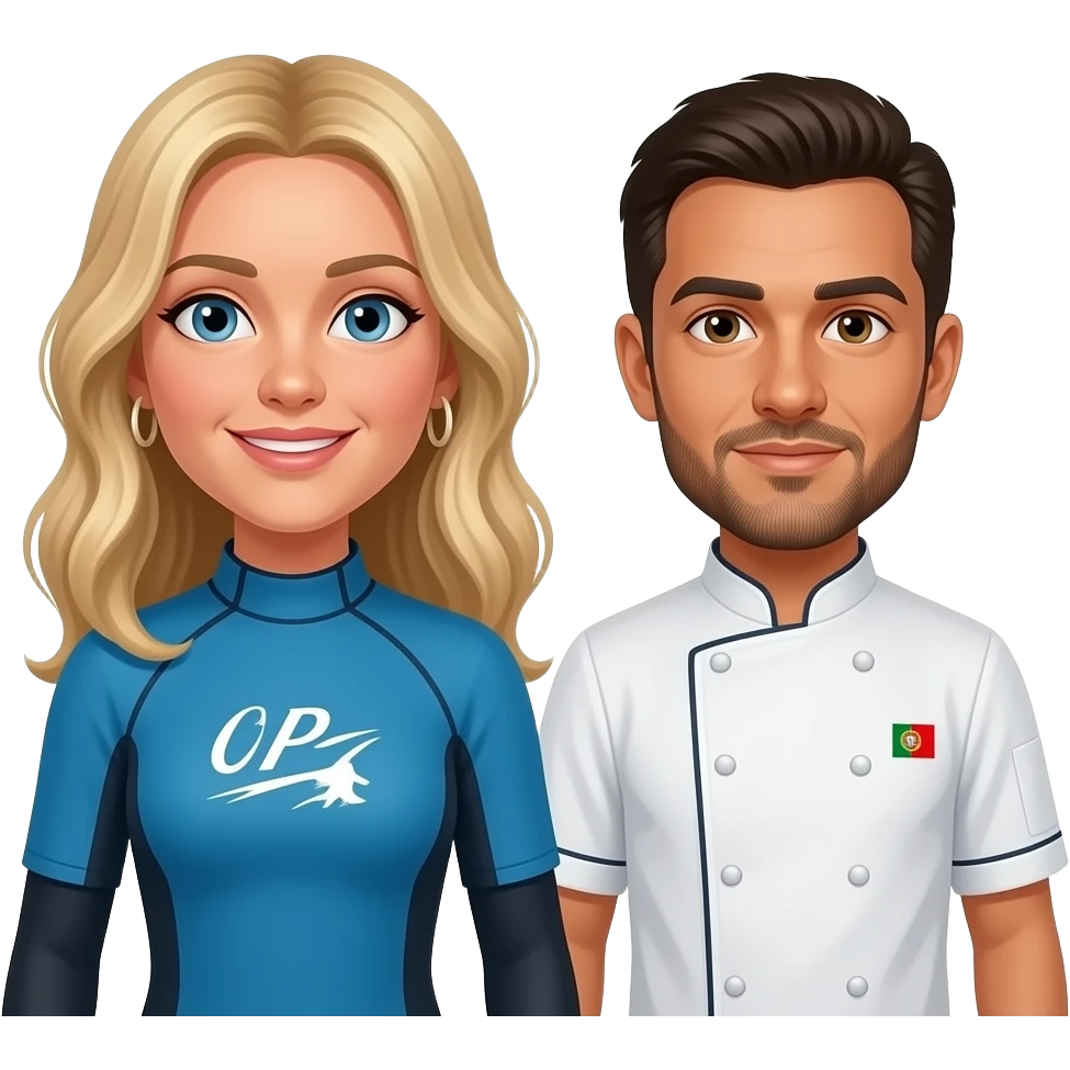 Couple emoji. She's dutch, 1,89m, surfer, blonde. He's portuguese, 1,79m, chef, short beard and hair, two small hoop earrings emoji