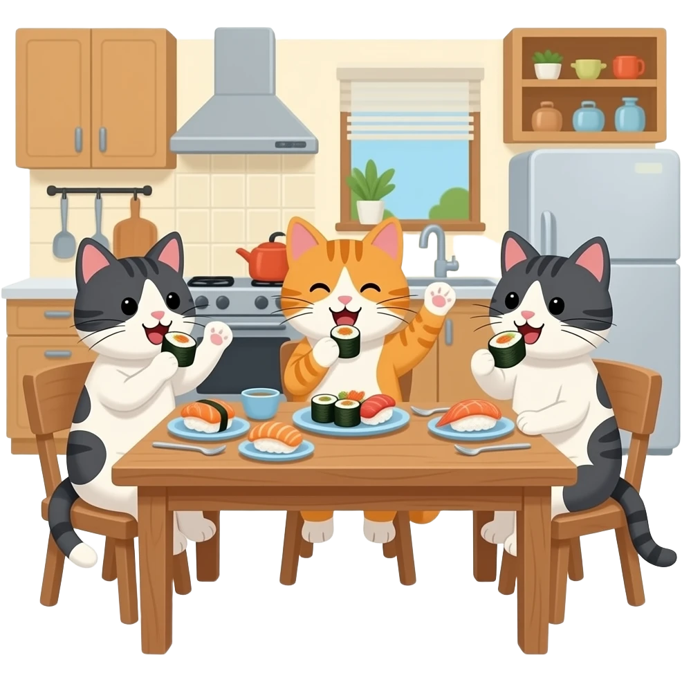 three cats celebrating and eating sushi emoji