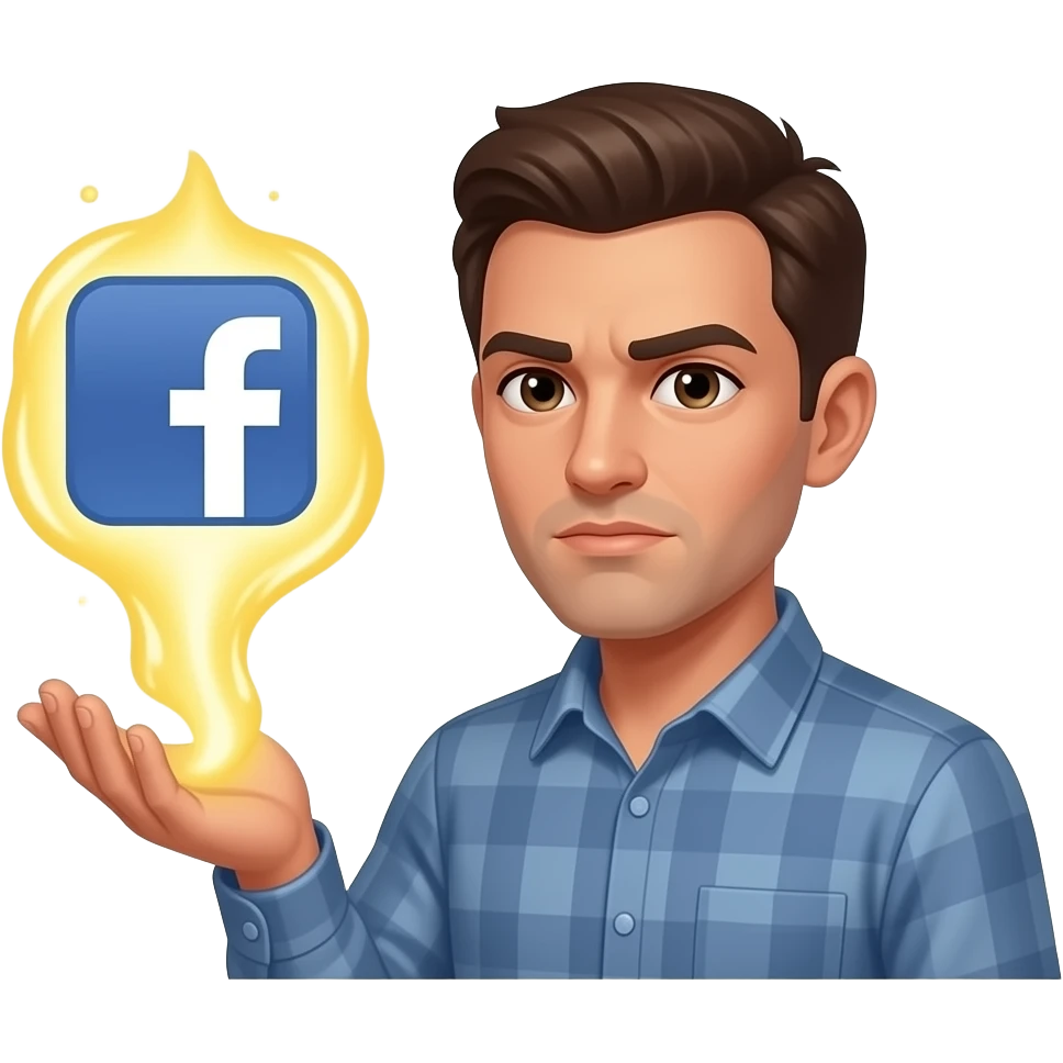 A informal man, hand with glowing magical flow holding a floating Facebook logo, looking at viewer with serious. Text below: 'What's your topic, Ms. ?'. Shimmering gold energy, flat vector style, sharp edges emoji