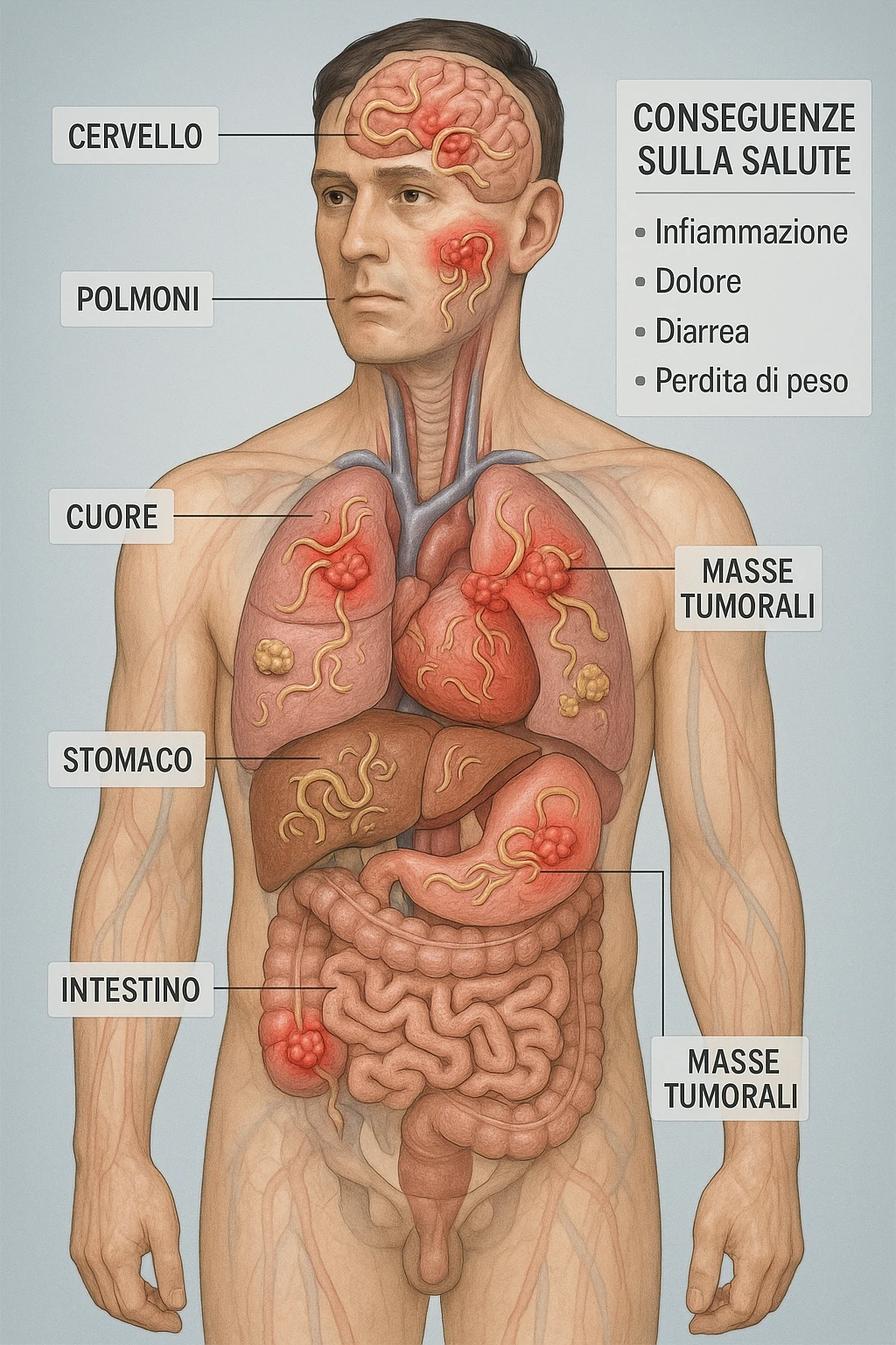 a semi-transparent view of a man’s body reveals numerous parasitic organisms inside his organs and tissues. Some areas are highlighted with red or inflamed zones, and small tumor-like masses are visible where the parasites cluster. The background is clinical and educational, with labels pointing to affected organs and a sidebar showing the health consequences. scritto in italiano emoji