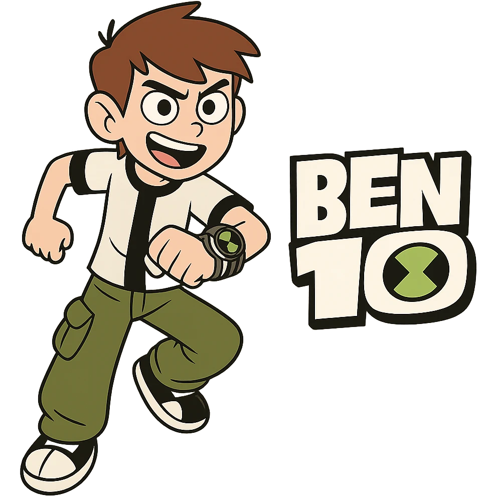 Ben 10 logo, classic look with black and white elements, green accents, dynamic emoji