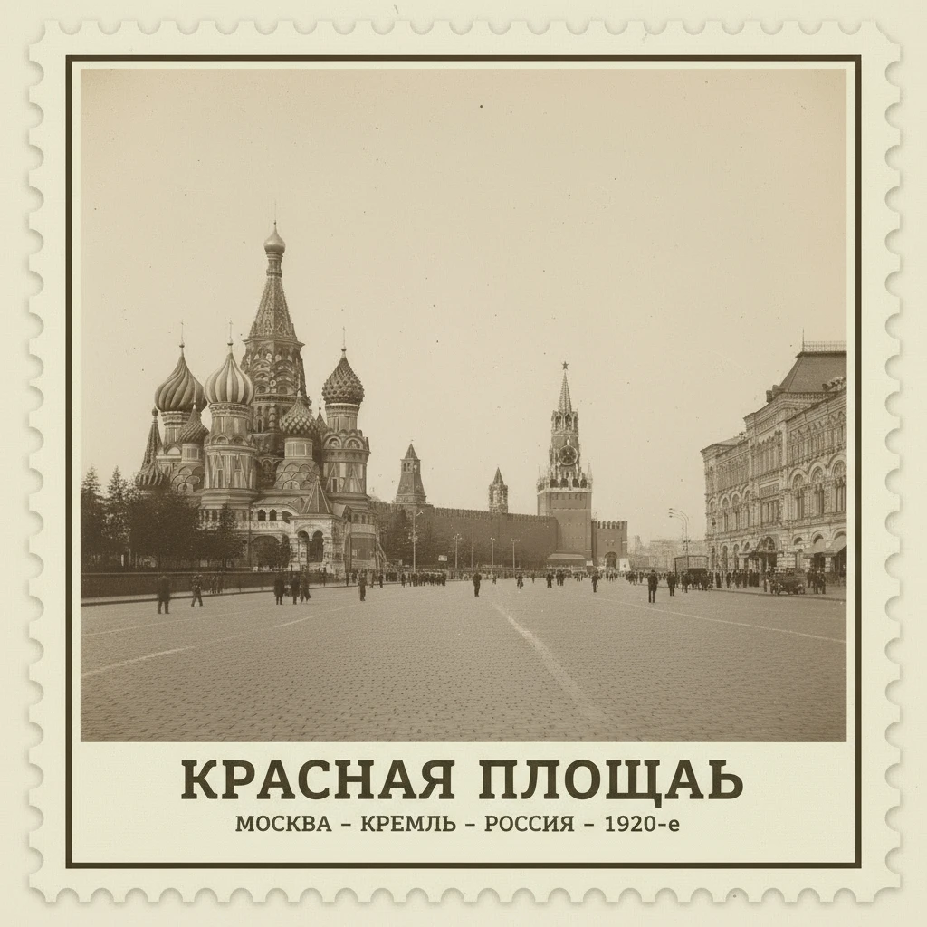 Марка на которой изображен Красная площадь с Кремлем

Стиль марки такой же, как на прикрепленном фото emoji