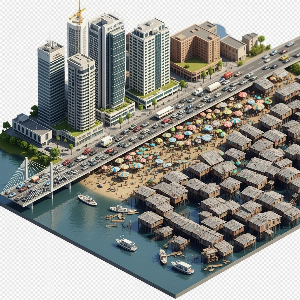 Isometric miniature of Lagos Lekki-Ikoyi Bridge, Eko Atlantic skyscrapers, Makoko slums, tin-roof shacks, chaotic markets, gridlocked traffic, 3D miniature effect and Tilt Shift effect, no cartoonish look, transparent background, don't cut angles emoji