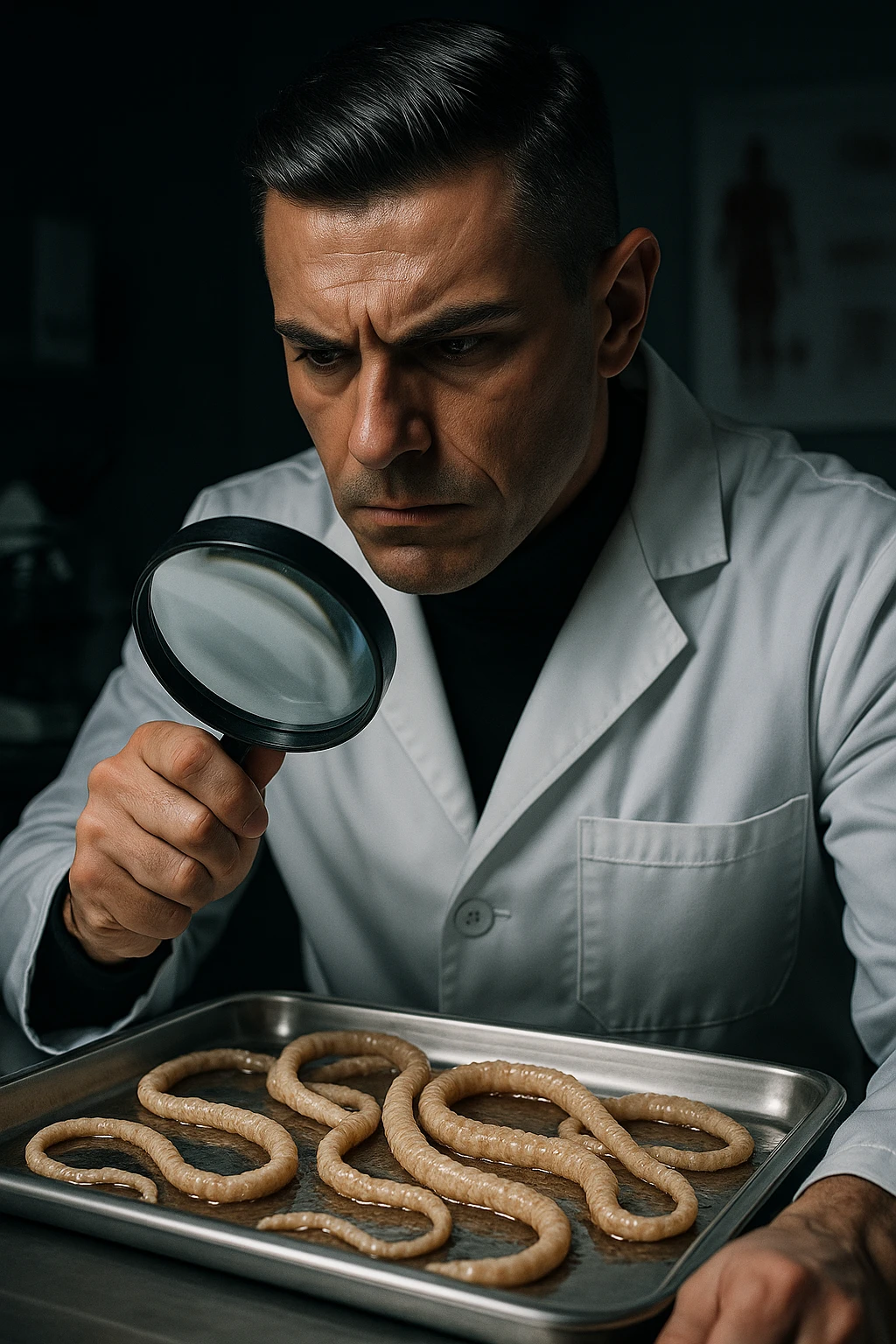 A middle-aged male kinesiologist wearing a pristine white lab coat, intensely analyzing long, beige tapeworms (like Taenia) under a magnifying glass. His expression is focused and slightly concerned, with dramatic studio lighting casting sharp shadows. The parasites are highly detailed, moist, and textured, stretched across a sterile metal tray. The background is blurred but suggests a clinical environment—hints of a microscope, medical charts, and clean lab equipment. The style is hyper-realistic, with a cinematic contrast between the bright white coat and the grotesque, organic forms of the parasites. No sci-fi elements, just raw medical realism with a disturbing edge emoji