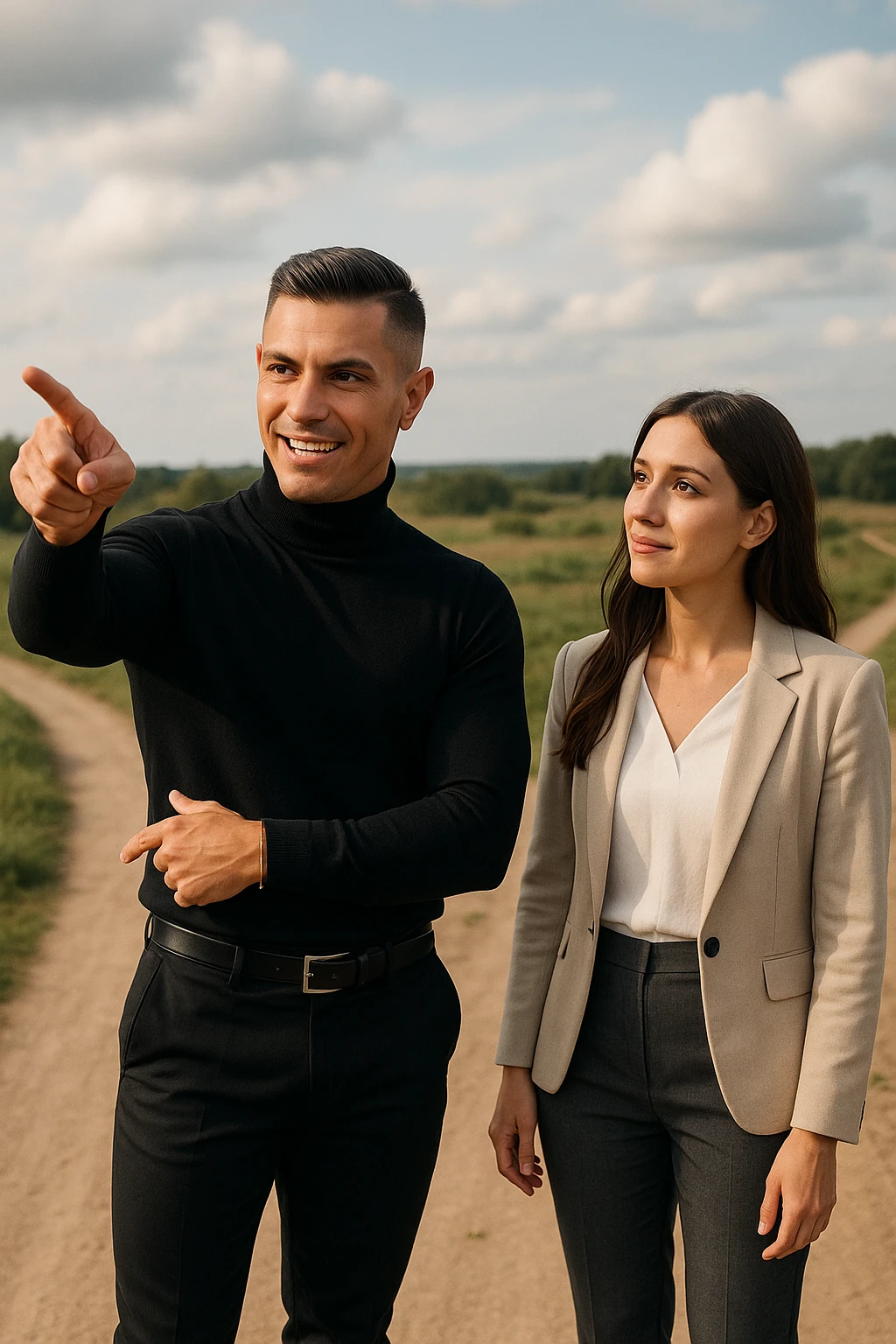 Editorial photo of a confident man standing at a crossroads, pointing decisively toward a clear path ahead. Beside him, a woman looks at him with trust and readiness to follow. Both are well-dressed, the setting is an open landscape with soft, natural light. The mood is one of leadership, guidance, and partnership. emoji