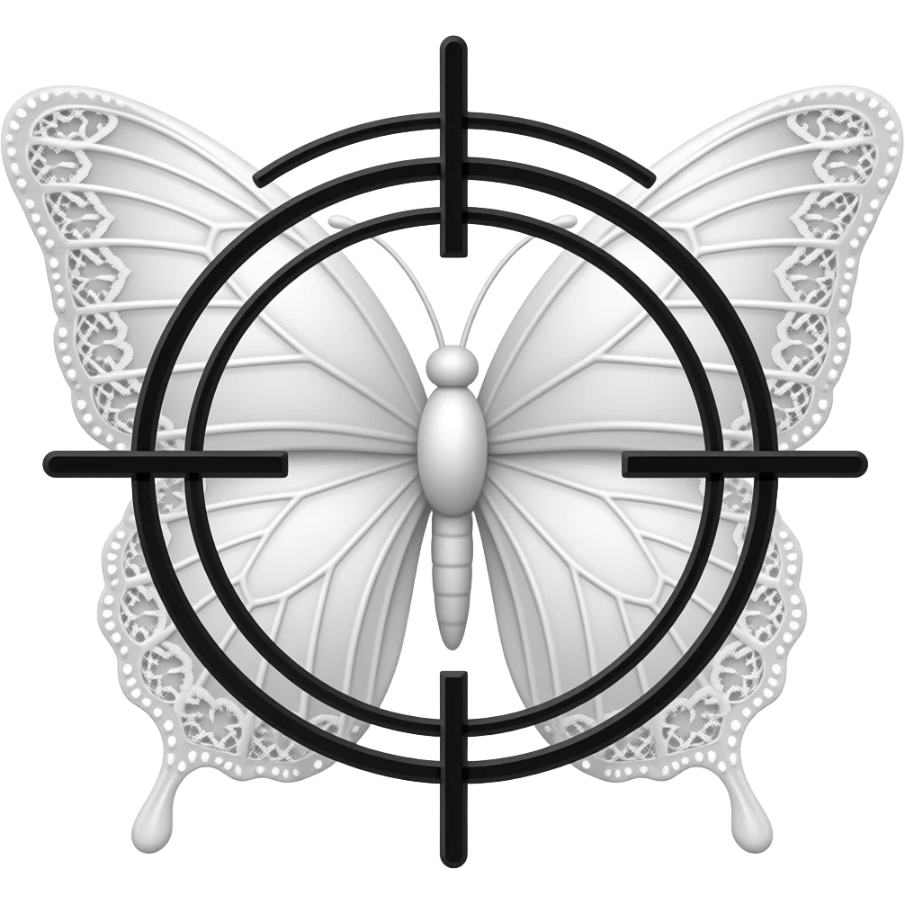 subtle elegant white butterfly, 3D emoji gothic butterfly, white velvet, white filigree, white lace trim, black sniper crosshair emoji