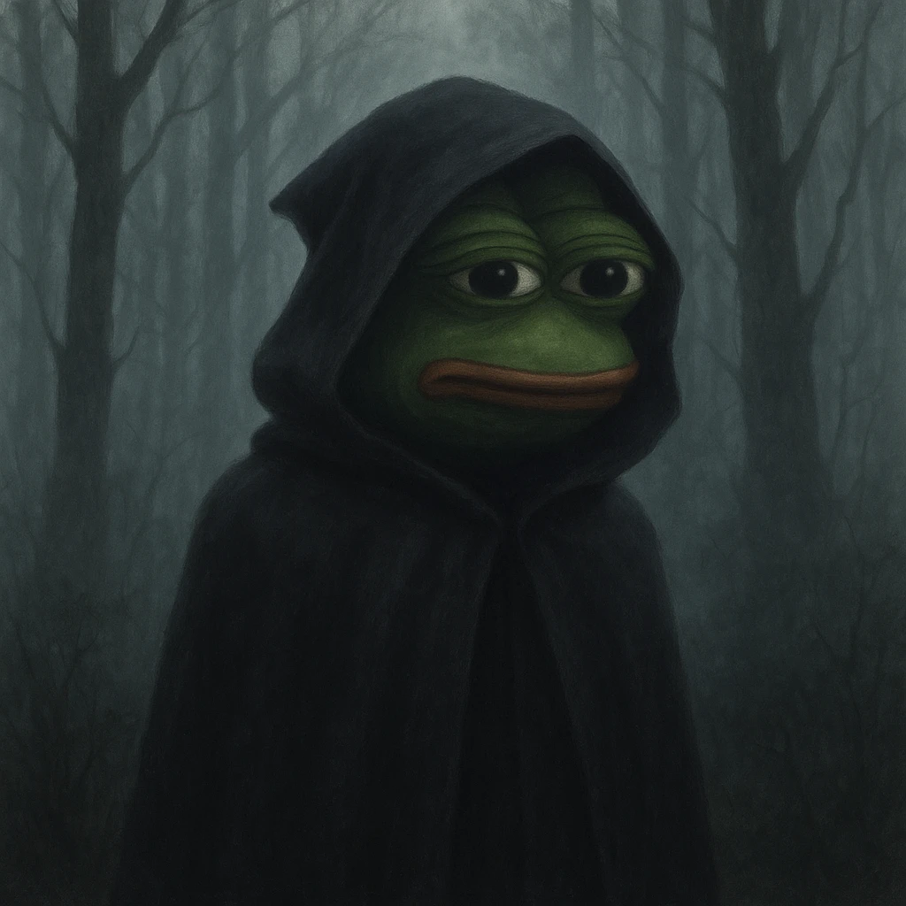 Пэпэ with a dark cloak and a mysterious aura, standing in a foggy forest emoji