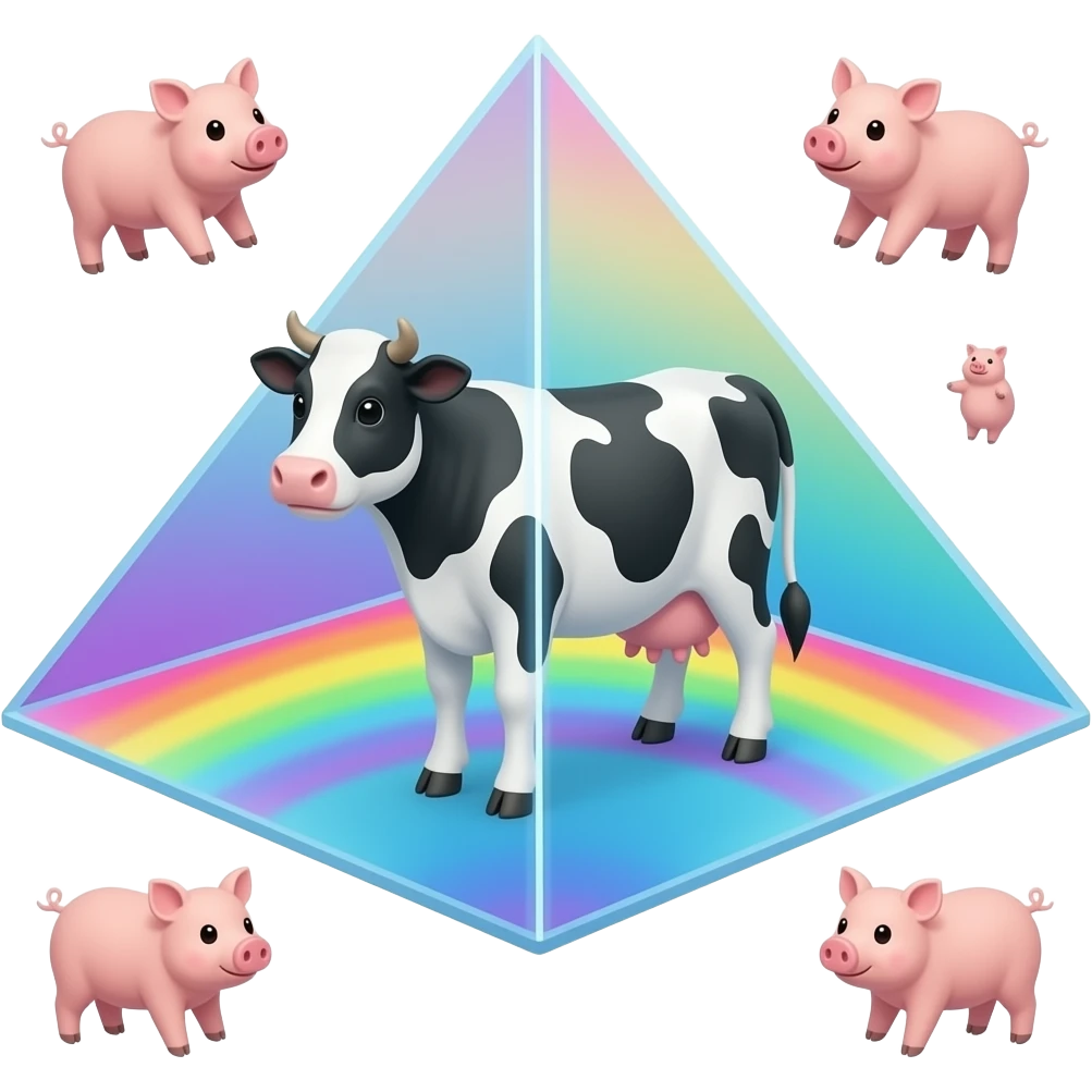 a black and white cow stands inside a glass pyramid floating in space and shining with rainbow colors, little pigs float around the pyramid emoji