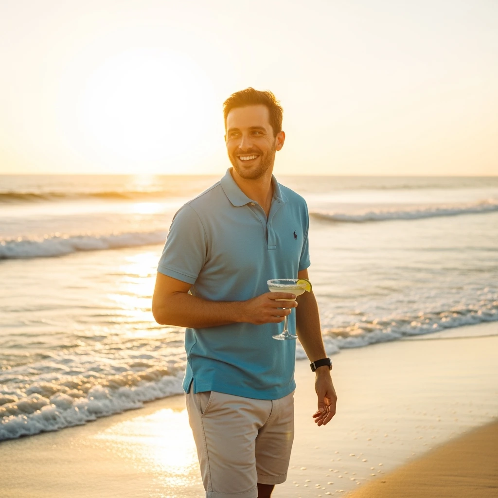 take this picture of a man and make it  beach photo with drink emoji