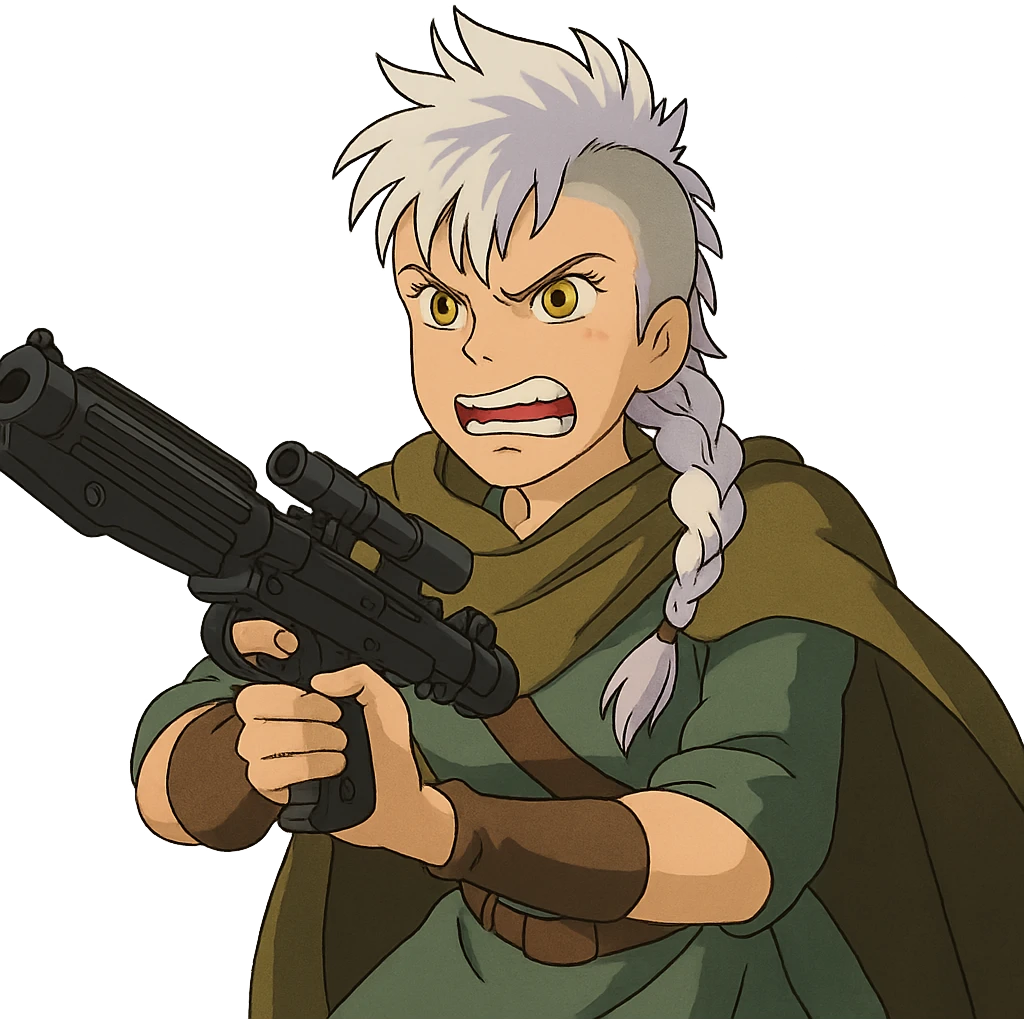 1 FEMALE, GOLD YELLOW EYES, WHITE HAIR LAVENDER TIPS, MESSY LOCKS BANGS MOHAWK, LONG BRAID, MERCENARY GARB, HOLDING A STORMTROOPER'S E11 BLASTER RIFLE, BRANDISHING, FURIOUS GLARE, GRITTING TEETH emoji