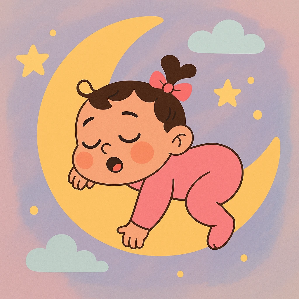 a baby girl sleeping on a crescent moon, dreamy background, soft colors emoji