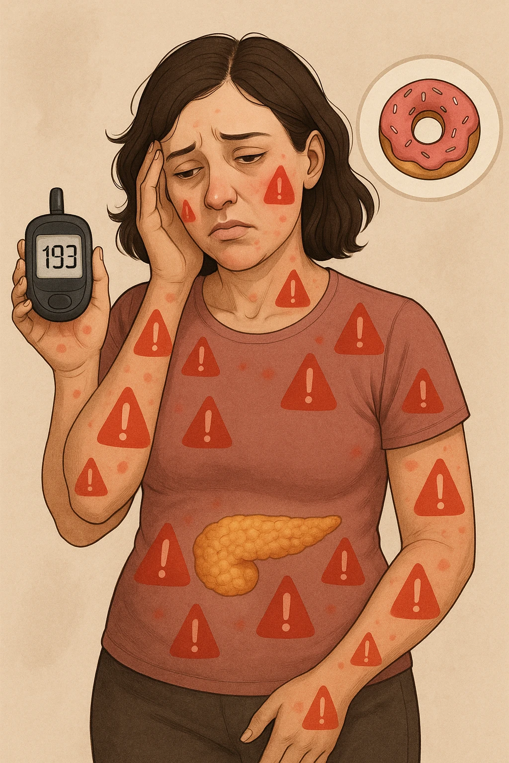 "Woman struggling with worsening insulin sensitivity, blood sugar spikes visualized as red warning signals throughout her body, expression of energy crashes and sugar cravings, pancreas working overtime shown in transparent overlay, pre-diabetic progression despite dietary efforts, metabolic syndrome symptoms accumulating, glucose meter showing increasingly concerning readings" scritte in italiano emoji