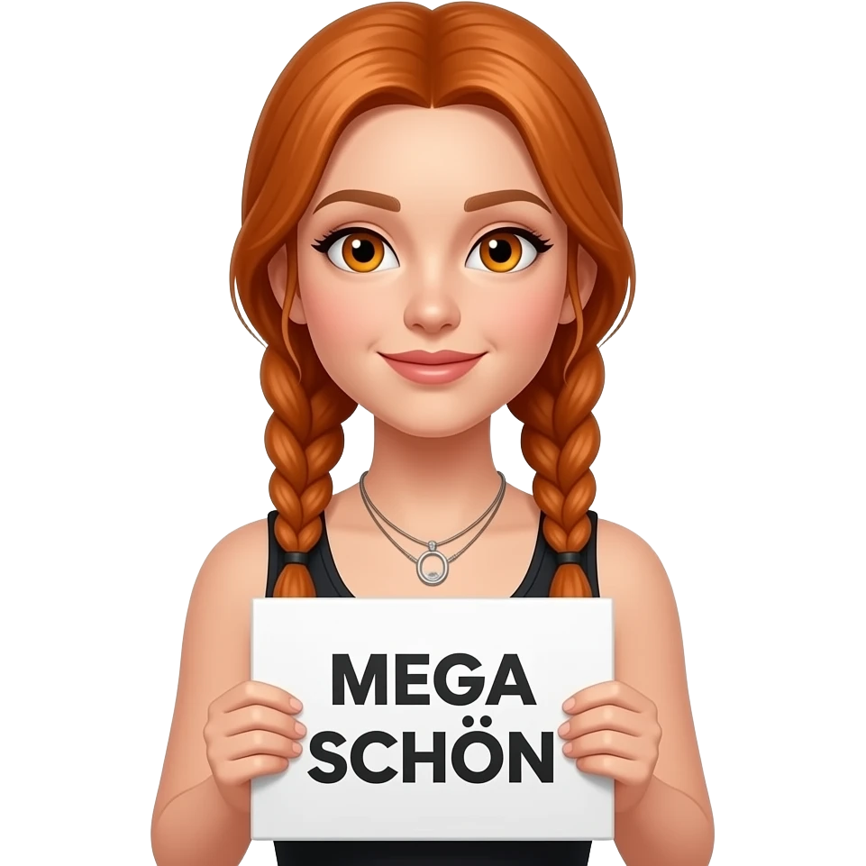 sexy girl with long ginger braids and ginger eyes wearing a black tanktop and is holding a white sign with MEGA SCHÖN written on it emoji