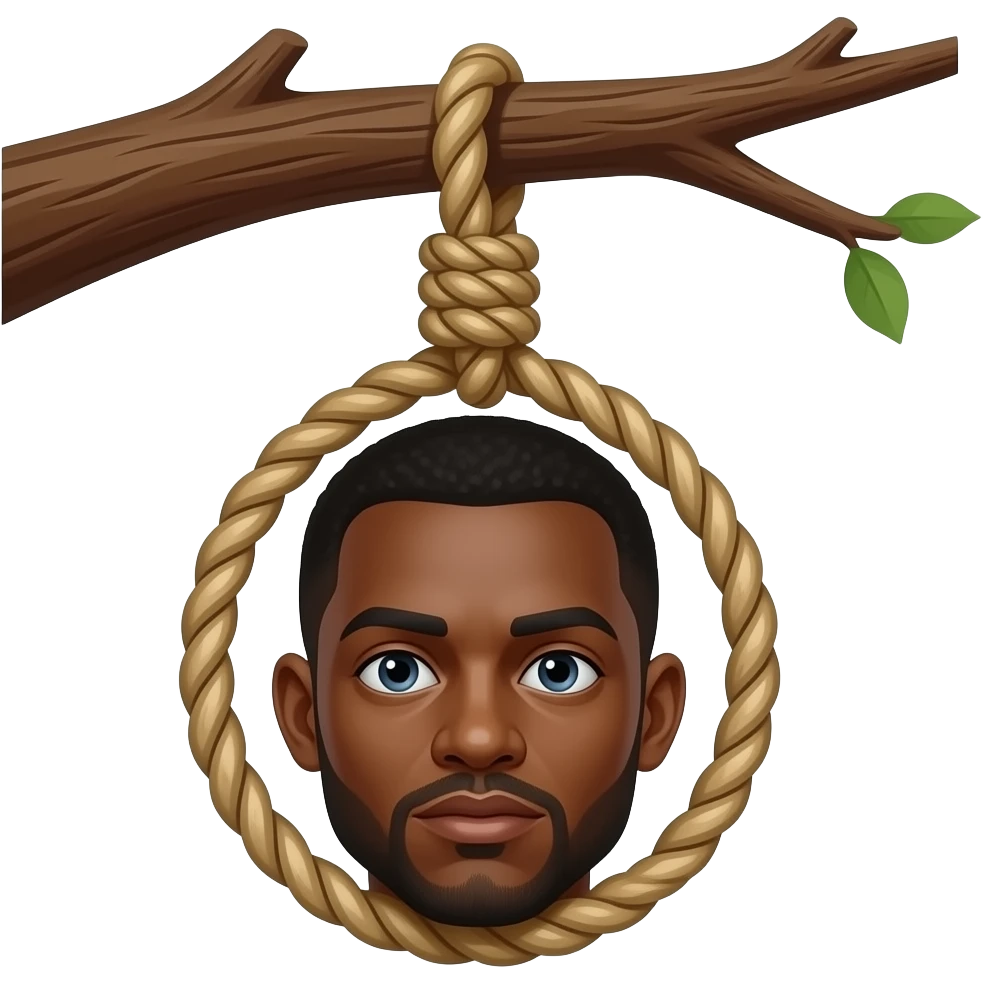 A dead black man being hung by a noose around his neck from a tree branch emoji