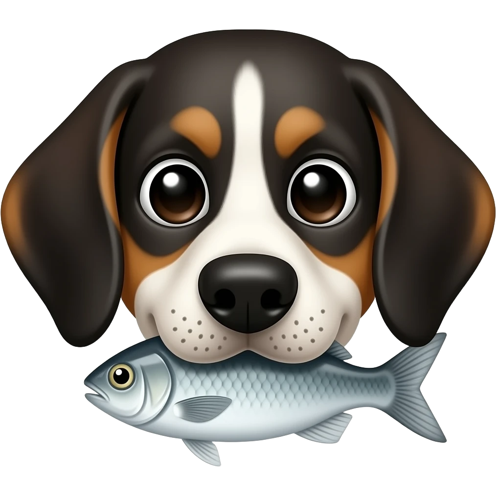 Black white beagle face black ears freckled nose fish in mouth emoji