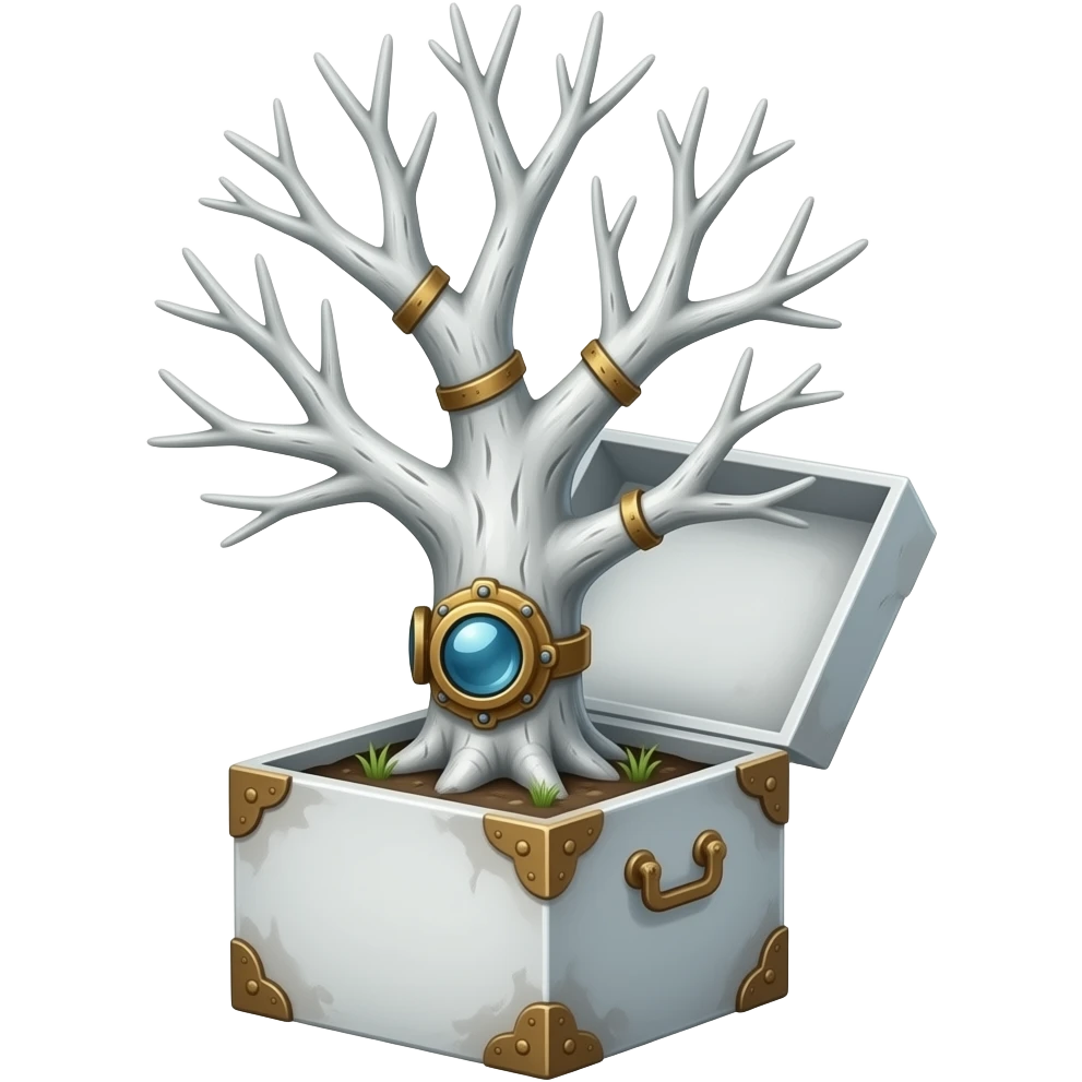 steampunk - white bare old tree grows from a dilapidated white box emoji