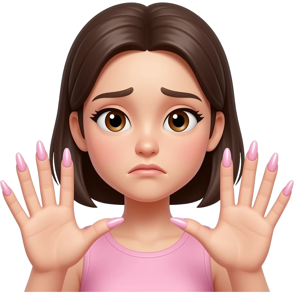 aesthetic emoji girl, cute face, slightly stressed expression, moving hands, motion blur effect, long glossy acrylic nails, trendy nail art, soft pink and nude tones, minimal makeup, clean background, soft lighting, girly aesthetic, high detail, 3D emoji style emoji